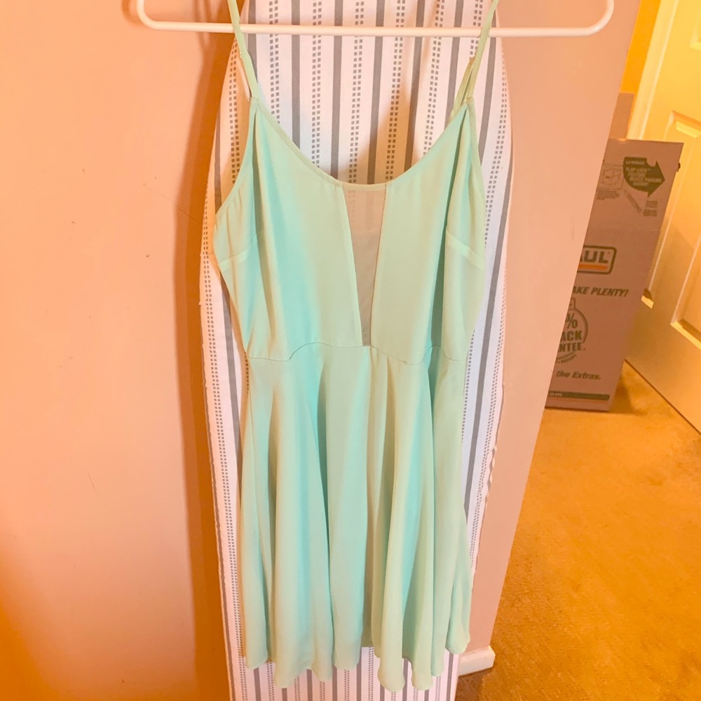 Mint green turquoise dress with mesh v neck